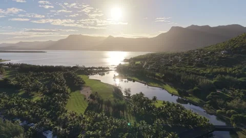Aerial View of Tropical Golf Course and Lagoon at Le Morne, Mauritius Stock Footage 339502518