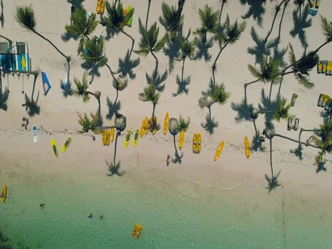 Aerial view of tropical island beach, Dominican Republic. Baravo resort Stock Footage