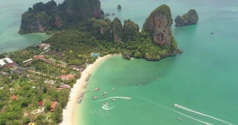 Aerial view of tropical island, white beach, turquoise lagoon and rocks, Krabi Stock Footage