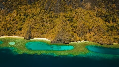 Aerial view tropical lagoon,sea, beach. Tropical island. Busuanga, Palawan Stock Footage