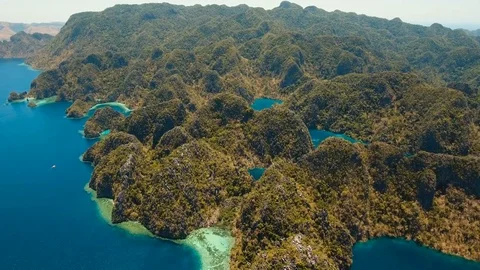 Aerial view tropical lagoon,sea, beach. Tropical island. Busuanga, Palawan Stock Footage