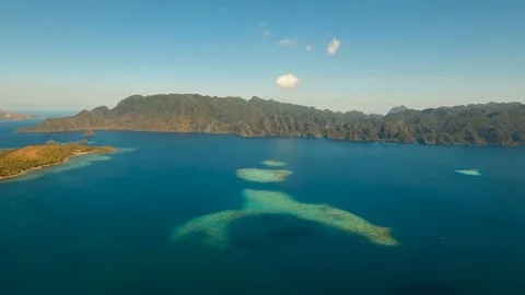 Aerial view tropical lagoon,sea, beach. Tropical island. Busuanga, Palawan Stock Footage