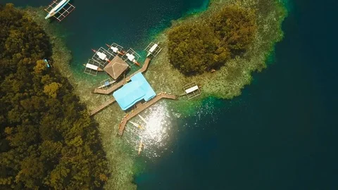 Aerial view tropical lagoon,sea, beach.Bucas Grande Island, Sohoton Cove Stock Footage
