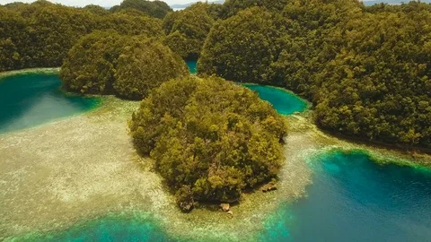 Aerial view tropical lagoon,sea, beach.Bucas Grande Island, Sohoton Cove Stock Footage