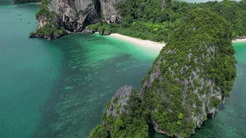 Aerial View of Tropical Limestone Cliffs and White Sand Beach in Krabi, Ao Nang, Stock Footage 334724769