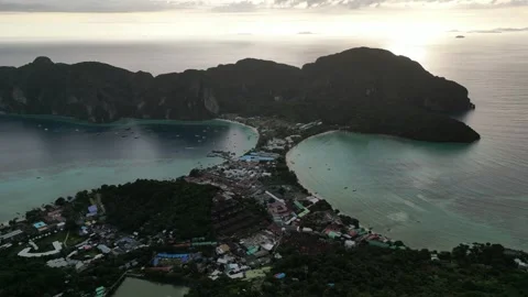 Aerial View of Tropical Phi Phi Islands Isthmus in Koh Phi Phi, Thailand Stock Footage 334720719