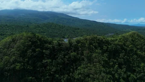 Aerial view of tropical rainforest valley beneath Mayon Volcano. Stock Footage 336973385