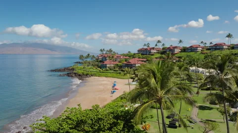 Aerial view of tropical sandy beach in Wailea Maui Hawaii Stock Footage 250373749
