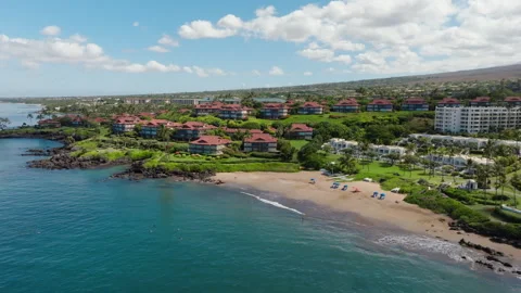 Aerial view of tropical sandy beach in Wailea Maui Hawaii Stock Footage 250414828