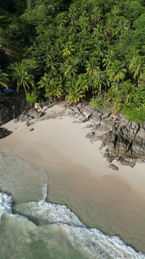 Aerial View of Tropical Sandy Beach and Ocean Waves in Phuket, Thailand Stock Footage 335583775