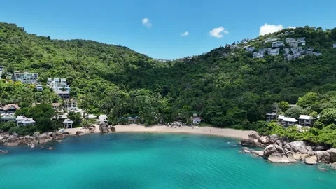 Aerial View of Tropical Sandy Beach and Turquoise Ocean in Koh Samui, Thailand Stock Footage 335828359
