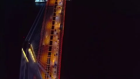 Aerial view of Tsing Ma Bridge, longest bridge in Hong Kong, evening, sunst. Video stock 144582015