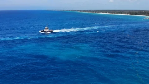 Aerial View of Tugboat and Container Cargo Ship Near Freeport Harbor, Bahamas Stock Footage 107638945