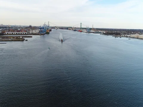 Aerial View of Tugboat Delaware River Philadelphia PA. Stock Footage 75450643