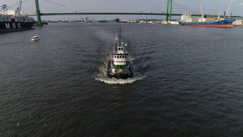 Aerial View of Tugboat Delaware River Philadelphia PA. Stock Footage 79670928