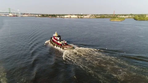 Aerial View of Tugboat Delaware River Philadelphia PA. Stock Footage 79671004