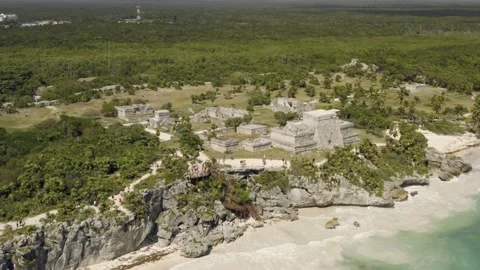Aerial view of Tulum Archaeological Zone Stock Footage 170555368