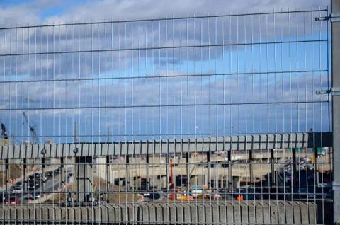 Aerial view of the Turcot project behind the fence Stock Photos