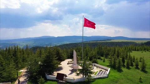 Aerial view of the Turkish flag waving in a cloudy sky above the cemetery in the Stock Footage 242425104