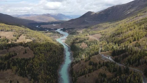 Aerial view of turquoise Kanas River in autumn, Xinjiang, China Video stock 344900788