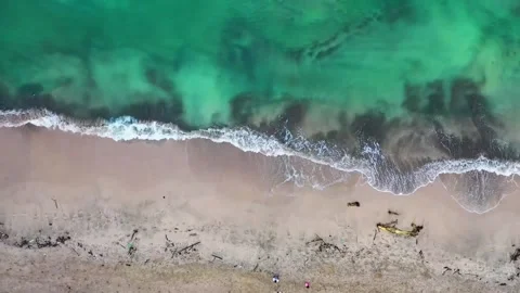 Aerial View of Turquoise Ocean Waves Crashing on a Sandy Beach with Debris Stock Footage 302308682
