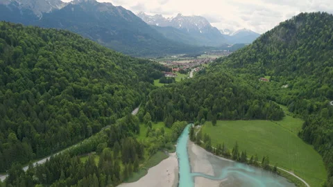 Aerial View of Turquoise River in the Austrian Alps Stockbeeldmateriaal 277801934