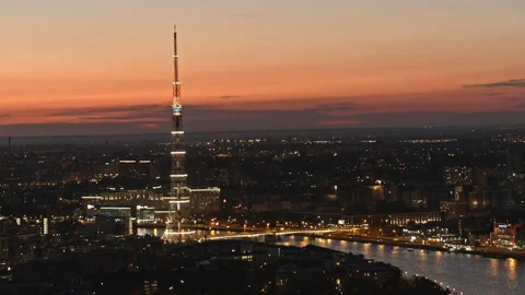 Aerial view of tv tower in Saint Petersburg Russia, sunset time Stock Footage 154223774