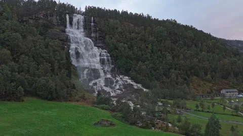 Aerial view of Tvindefossen falls in dramatic Nordic scenery, Norway Stock Footage 321029951