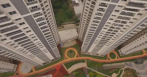 Aerial View of Two adjacent Sky scrapers - Shot on DJI Drone Stockbeeldmateriaal 90757717
