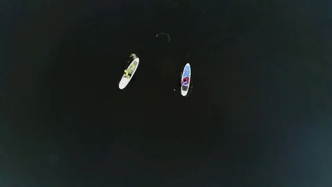 Aerial view of two athletes on the SUP. Winter. Ice. Stock Footage 73593386