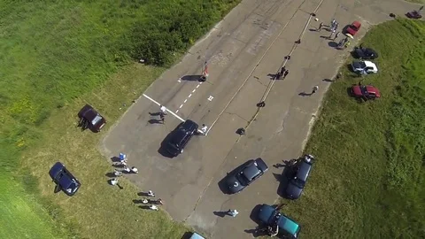 Aerial view of two BMW e30 at the drag race Stock Footage 69107187
