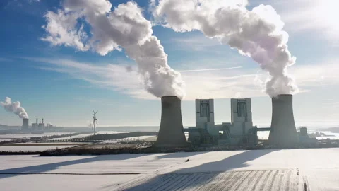 Aerial view of two coal-fired power plants in operation in winter in Germany Stock Footage 263178388
