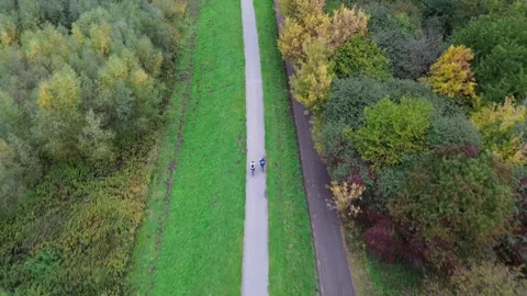 Aerial view of two cyclists riding along path surrounded by autumn foliage Stock Footage 318917782
