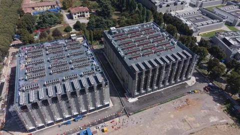 Aerial view of two developing data center campuses at DATA4 DC15, illustrating Stock Footage 345435212
