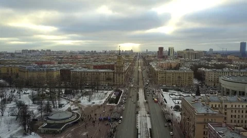 Aerial View, two flights: Central avenue and residential high-rise tower, SPb Stock Footage 71031655