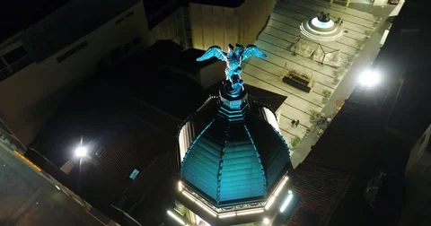 Aerial view of two headed eagle statue in Rijeka at night copper dome Stockbeeldmateriaal 75926241