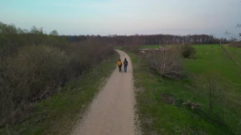 Aerial View of Two Hikers Walking Down Forest Trail in Early Spring Stock Footage 341401101