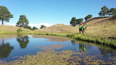 Aerial view of two hiking men by the lake Stock Footage 294092925