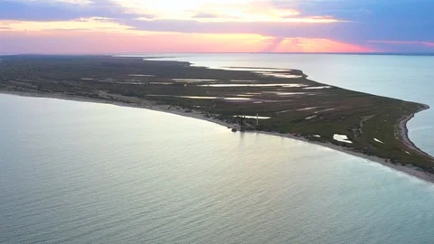 Aerial view of two lighthouses on the shore of Dzarylgach Island in Ukraine Stock Footage 116111069