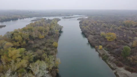 Aerial View of Two Rivers Merging Through Autumn Forest 動画素材 318909014