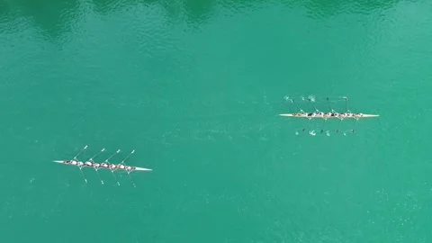 Aerial View of Two Rowing Eights on Lake Bled, Slovenia Vídeo Stock 345579987