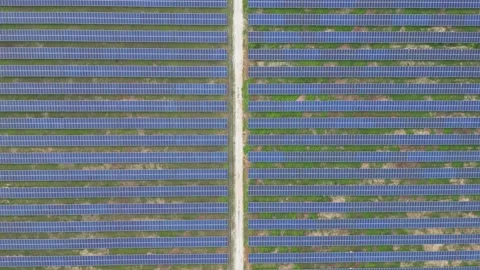Aerial view of two rows of solar panels Stock Footage 248057986