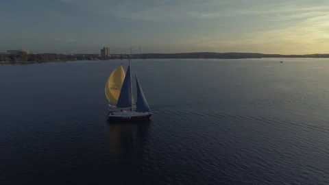 Aerial view of two of a sailboat floating towards each other 스톡 동영상 93477209
