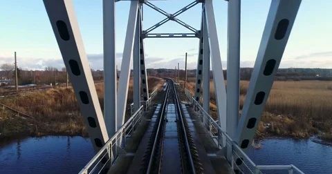 Aerial view of two train bridges in winter landscape in the city near the lake. Stock Footage 84026841