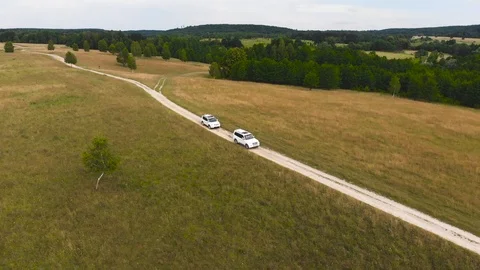 Aerial view of two white suv car ride by trail by trail road on fields Video stock 108756267