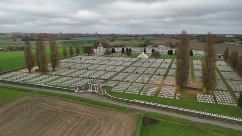 Aerial view of Tyne Cot Cemetery, Belgium. A wide drone shot showing the sem Stock Footage 331399334