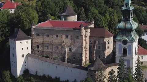 Aerial view of typical old castle with church tower in Historic city Stock Footage 119334827