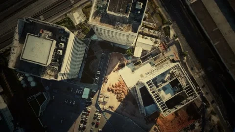 Aerial view of typical small town shopping center with parking Stock Footage 129355934