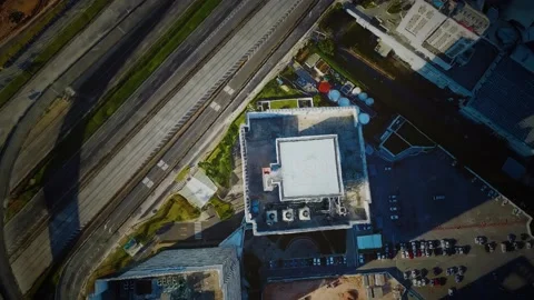 Aerial view of typical small town shopping center with parking Stock-Footage 135882036