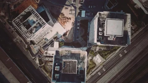 Aerial view of typical small town shopping center with parking Stock Footage 140431902